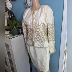 Victor Costa Elegant Cream and Gold Embroidered Jacket skirt